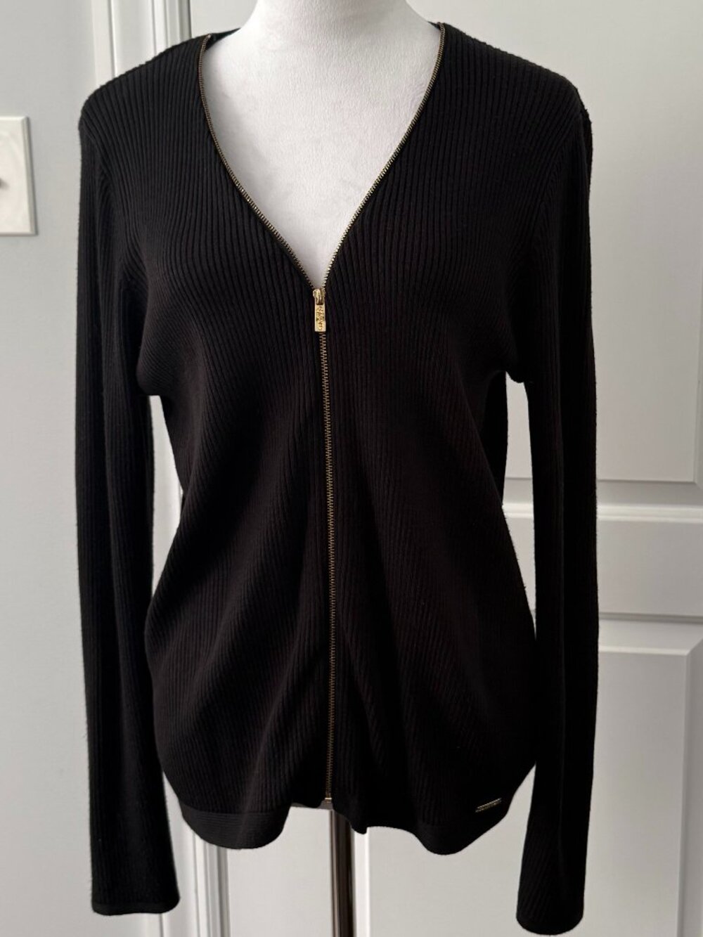 Calvin Klein Black Ribbed Full Zip V Neck Cardigan Sweater Women’s Size M
